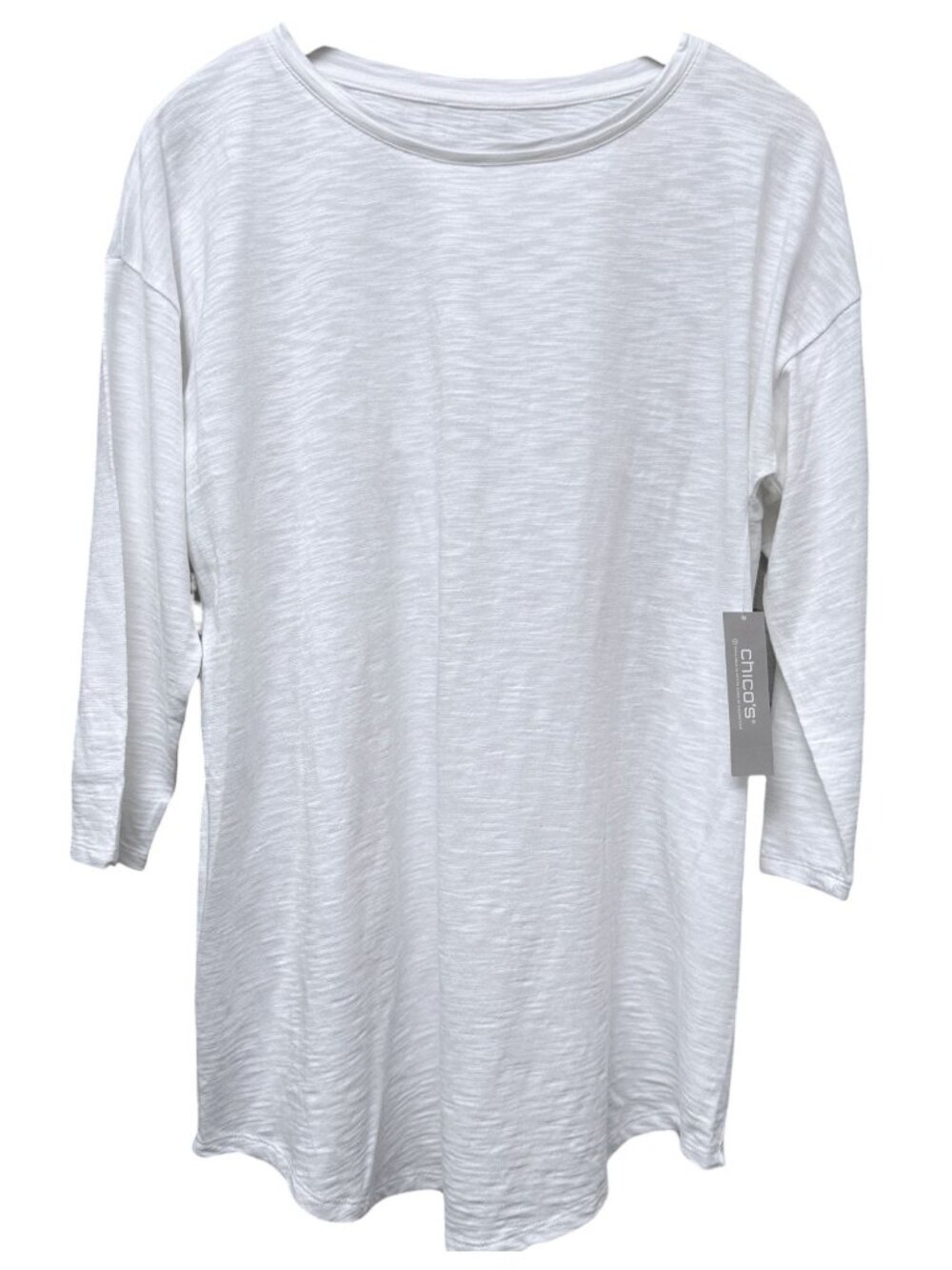 CHICOS Womens Tunic T-Shirt Medium White Slub Knit Cotton Modal 3/4 Sleeve NWT